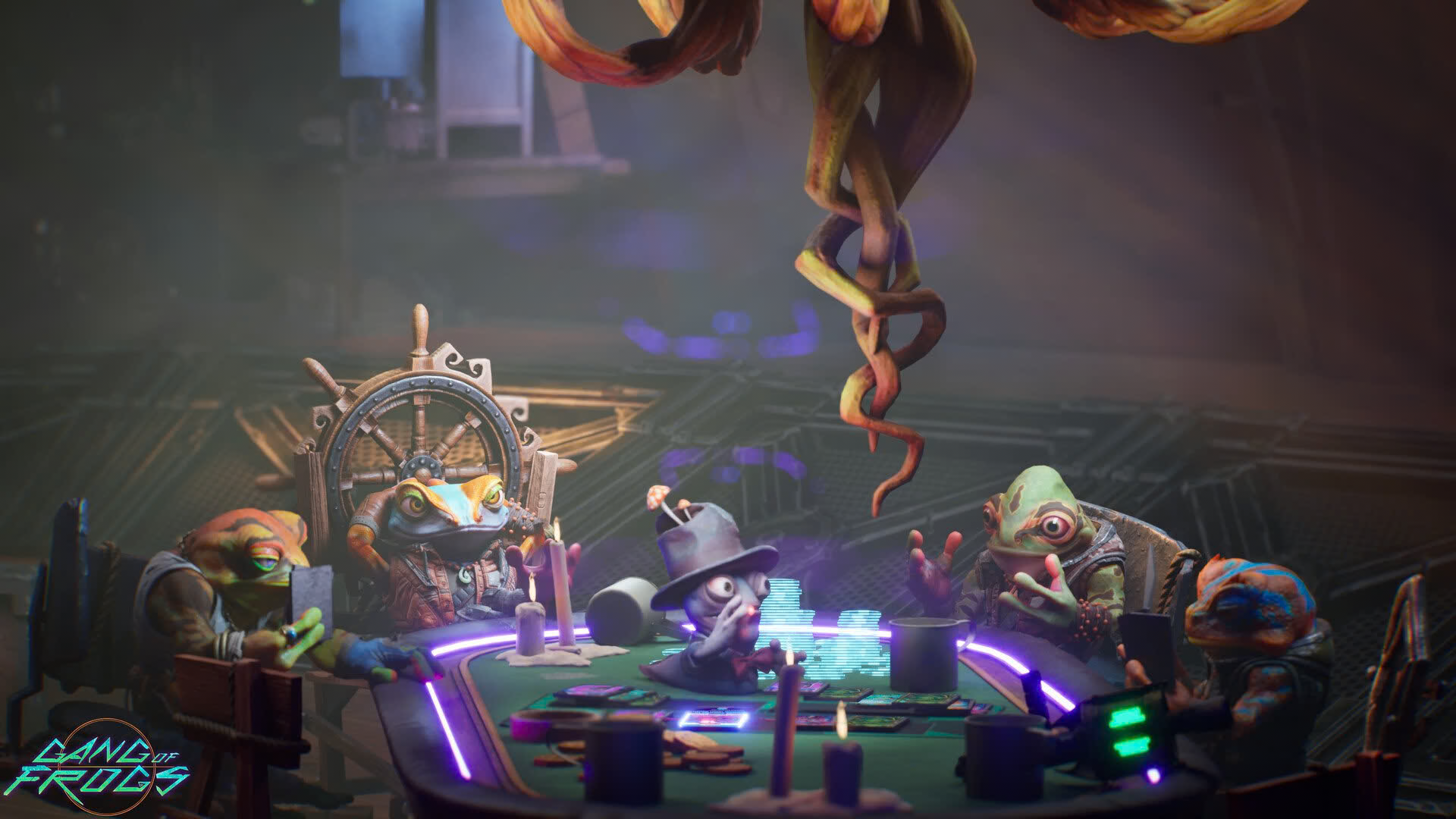 Die Frosch-Crew am Kartentisch – offizielles Gang-of-Frogs-Motiv