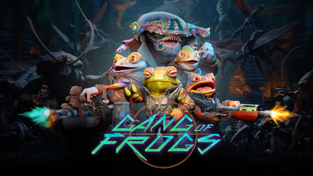 Offizielles Gang-of-Frogs-Titelmotiv mit Frosch-Crew und originalem Spielschriftzug